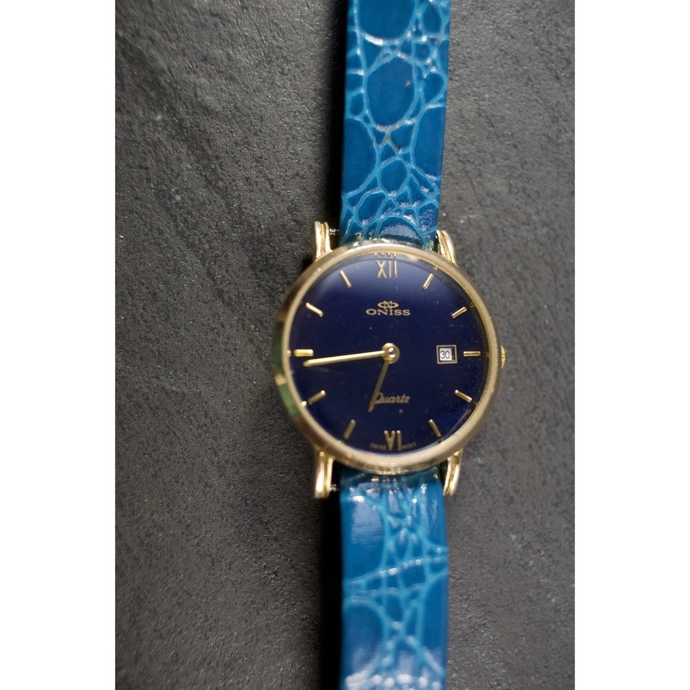 RARE, UNIQUE - Oniss Paris Ladies 18k Gold Plated Blue Quartz Watch NEW BATT